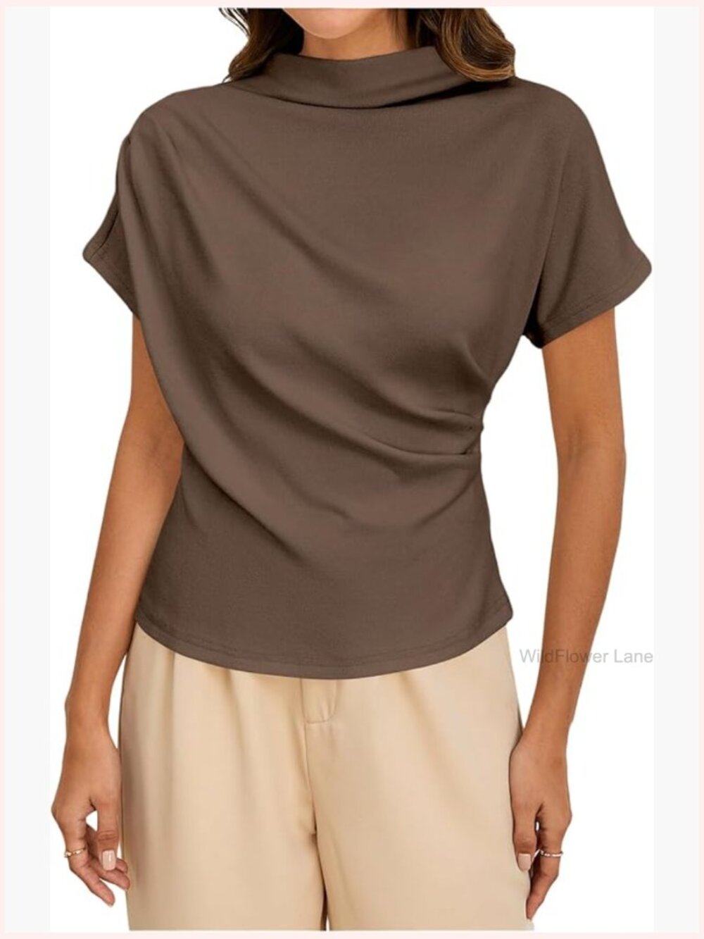 Women's Short Sleeve Mock Neck Tee - Asymmetric Ruched Top